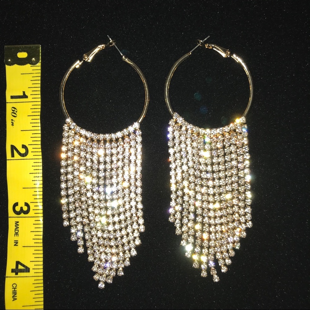 Gold Rhinestone Fringe Hoop Earrings - Picture 3 of 3